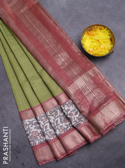 Assam silk saree pastel green and pastel brown with allover zari checked pattern and rettapet zari woven floral printed border