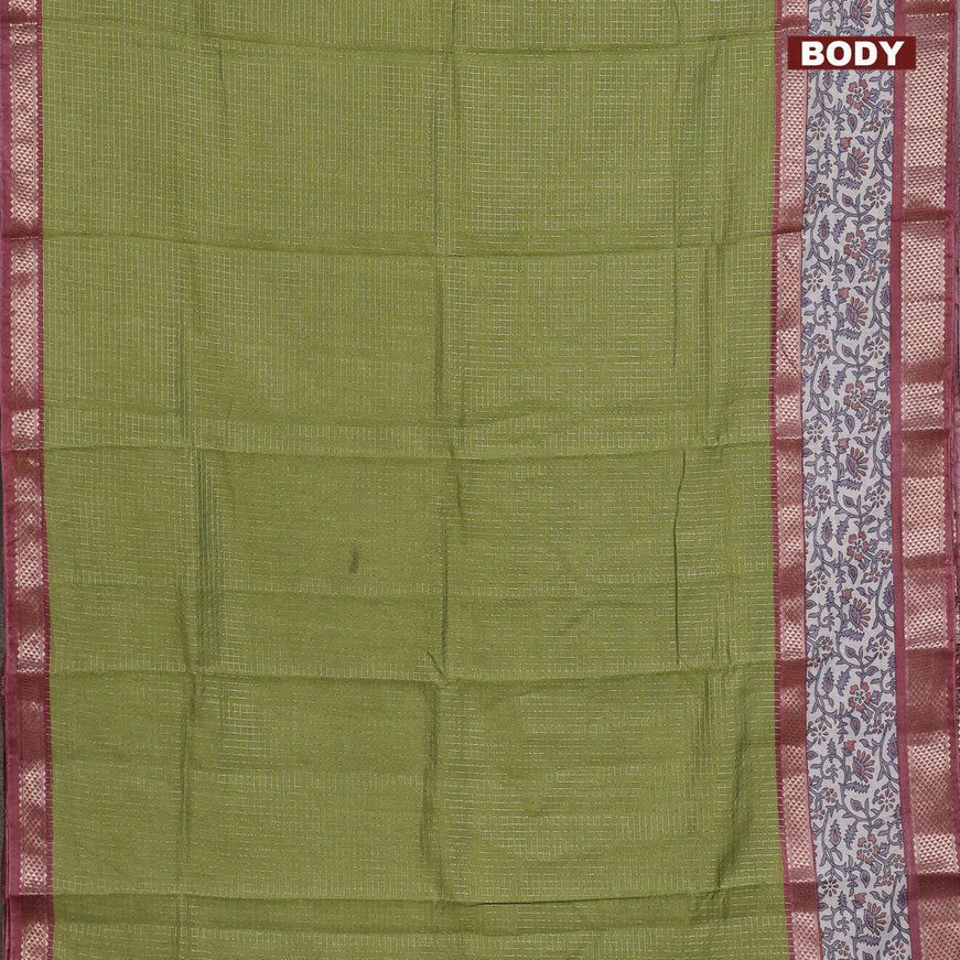 Assam silk saree pastel green and pastel brown with allover zari checked pattern and rettapet zari woven floral printed border