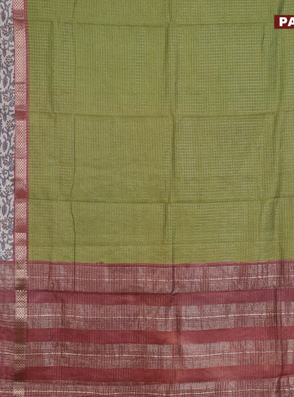 Assam silk saree pastel green and pastel brown with allover zari checked pattern and rettapet zari woven floral printed border