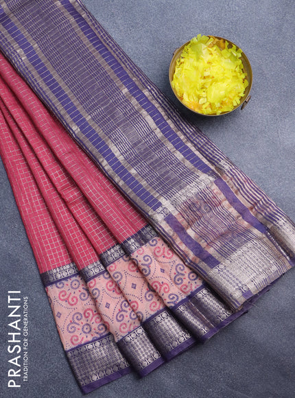 Assam silk saree pink and blue with allover zari checked pattern and rettapet zari woven printed border