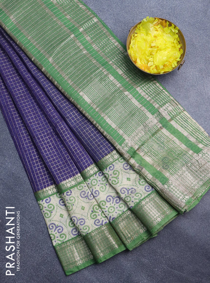 Assam silk saree blue and green with allover zari checked pattern and rettapet zari woven printed border