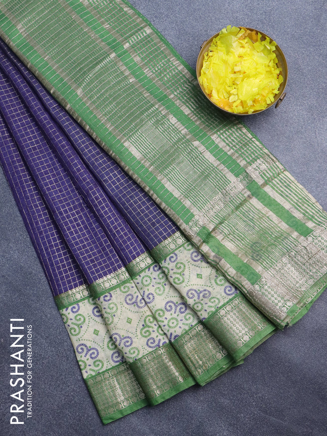 Assam silk saree blue and green with allover zari checked pattern and rettapet zari woven printed border