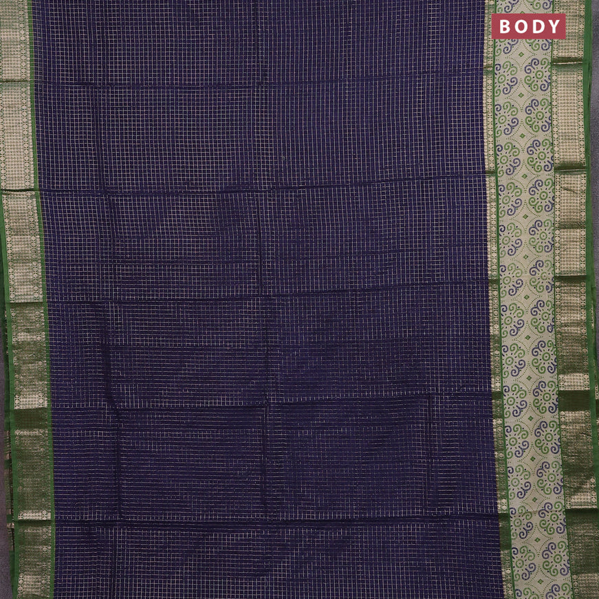 Assam silk saree blue and green with allover zari checked pattern and rettapet zari woven printed border