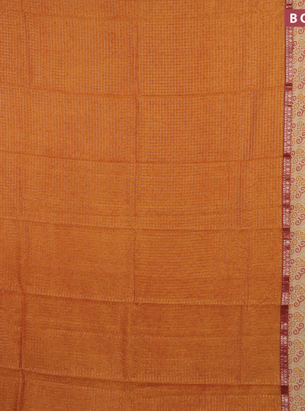 Assam silk saree mustard yellow and rust shade with allover zari checked pattern and rettapet zari woven printed border