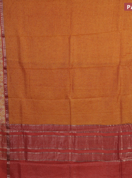 Assam silk saree mustard yellow and rust shade with allover zari checked pattern and rettapet zari woven printed border