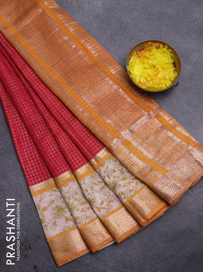 Assam silk saree red and mustard yellow with allover zari checked pattern and rettapet zari woven kalamkari printed border