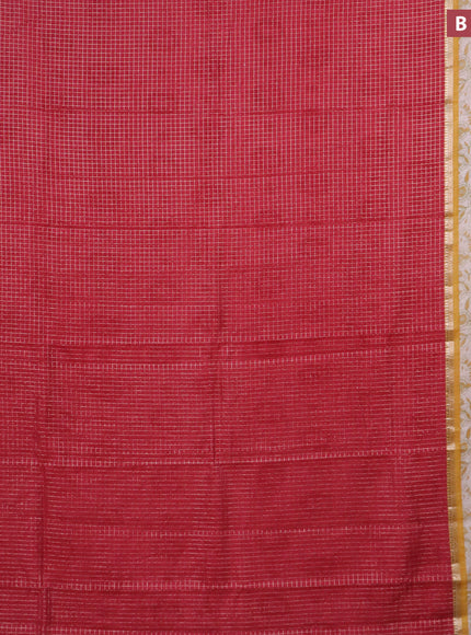 Assam silk saree red and mustard yellow with allover zari checked pattern and rettapet zari woven kalamkari printed border