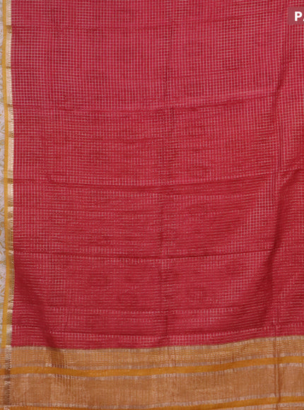 Assam silk saree red and mustard yellow with allover zari checked pattern and rettapet zari woven kalamkari printed border