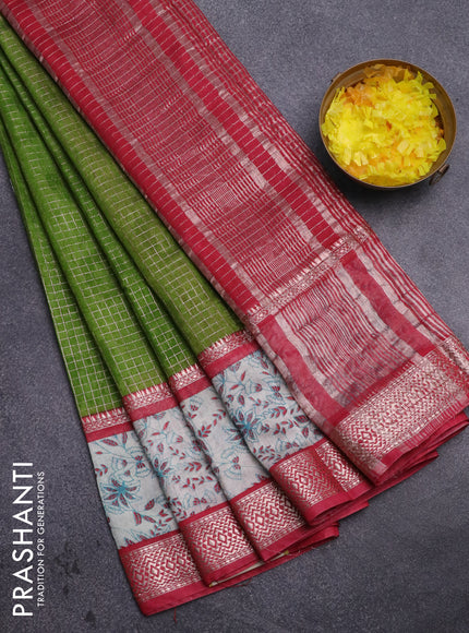 Assam silk saree green and red shade with allover zari checked pattern and rettapet zari woven kalamkari printed border