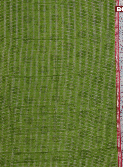 Assam silk saree green and red shade with allover zari checked pattern and rettapet zari woven kalamkari printed border