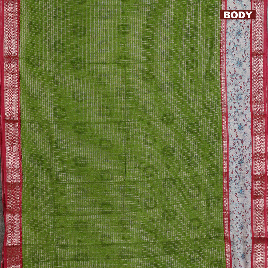 Assam silk saree green and red shade with allover zari checked pattern and rettapet zari woven kalamkari printed border