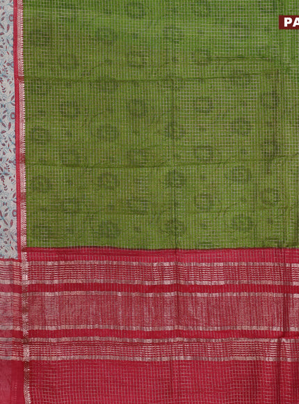 Assam silk saree green and red shade with allover zari checked pattern and rettapet zari woven kalamkari printed border