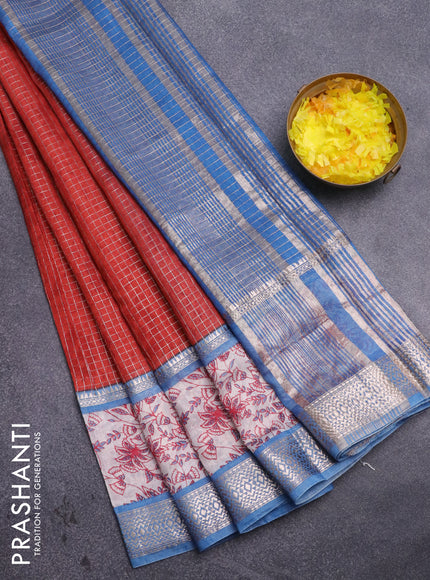 Assam silk saree orange  and blue with allover zari checked pattern and rettapet zari woven kalamkari printed border