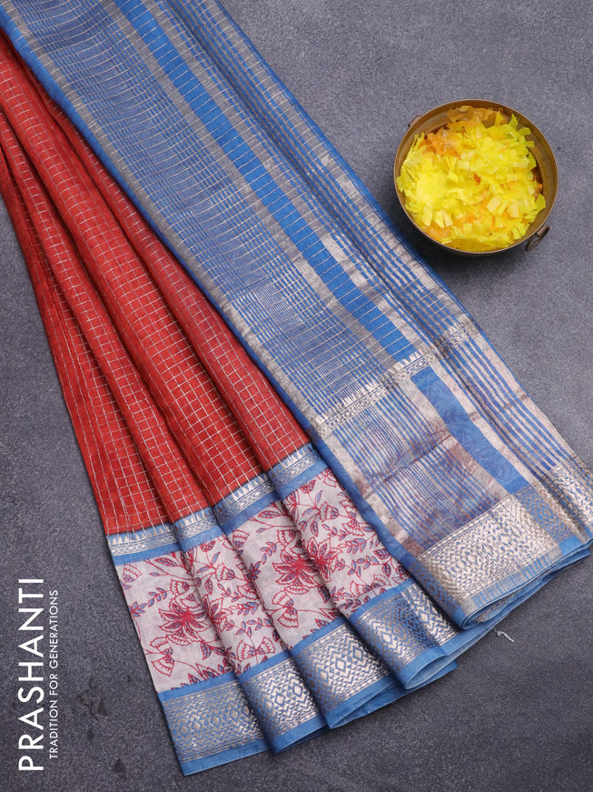 Assam silk saree orange  and blue with allover zari checked pattern and rettapet zari woven kalamkari printed border