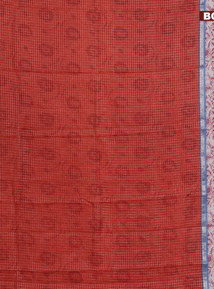 Assam silk saree orange  and blue with allover zari checked pattern and rettapet zari woven kalamkari printed border