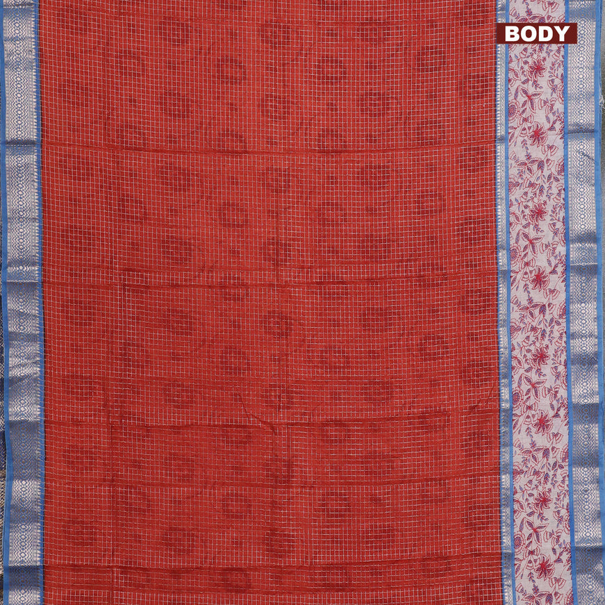 Assam silk saree orange  and blue with allover zari checked pattern and rettapet zari woven kalamkari printed border