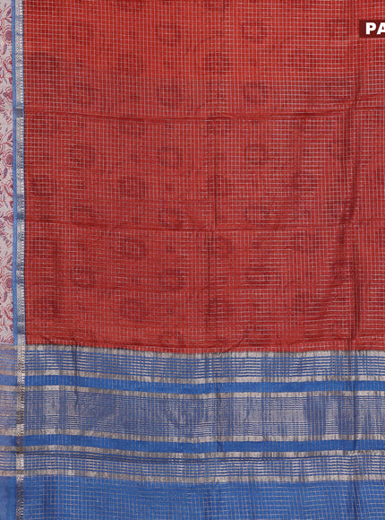 Assam silk saree orange  and blue with allover zari checked pattern and rettapet zari woven kalamkari printed border