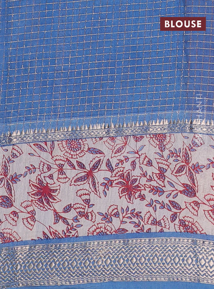 Assam silk saree orange  and blue with allover zari checked pattern and rettapet zari woven kalamkari printed border