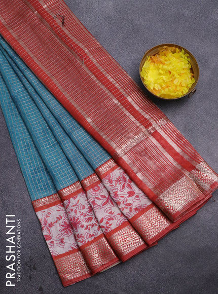 Assam silk saree teal blue and orange with allover zari checked pattern and rettapet zari woven kalamkari printed border