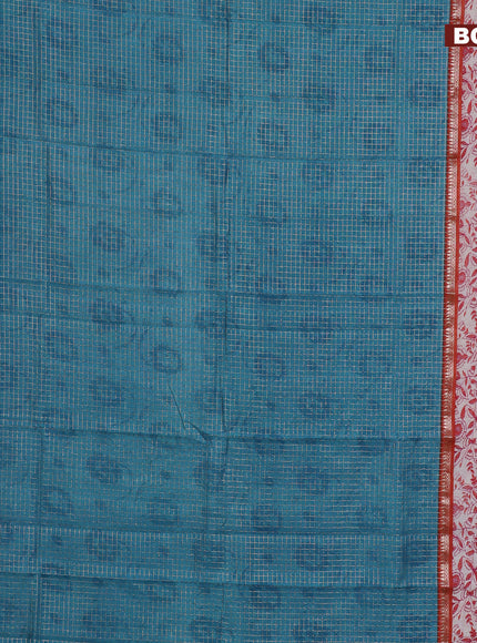 Assam silk saree teal blue and orange with allover zari checked pattern and rettapet zari woven kalamkari printed border