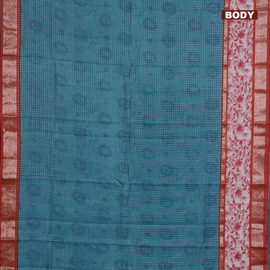 Assam silk saree teal blue and orange with allover zari checked pattern and rettapet zari woven kalamkari printed border