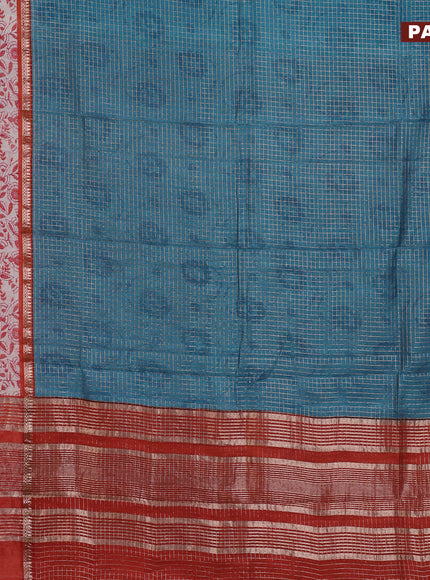 Assam silk saree teal blue and orange with allover zari checked pattern and rettapet zari woven kalamkari printed border