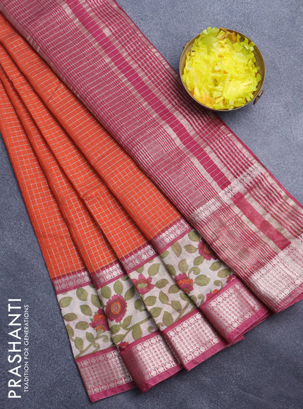 Assam silk saree orange and pink with allover zari checked pattern and rettapet zari woven kalamkari printed border