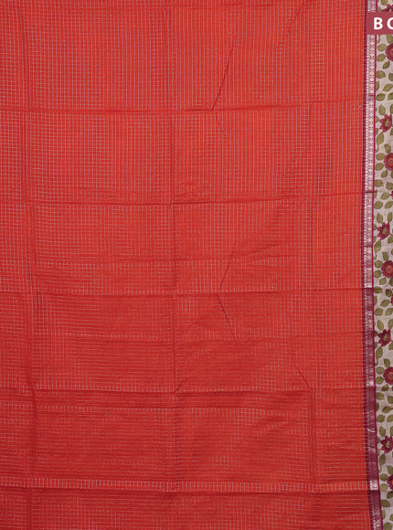 Assam silk saree orange and pink with allover zari checked pattern and rettapet zari woven kalamkari printed border