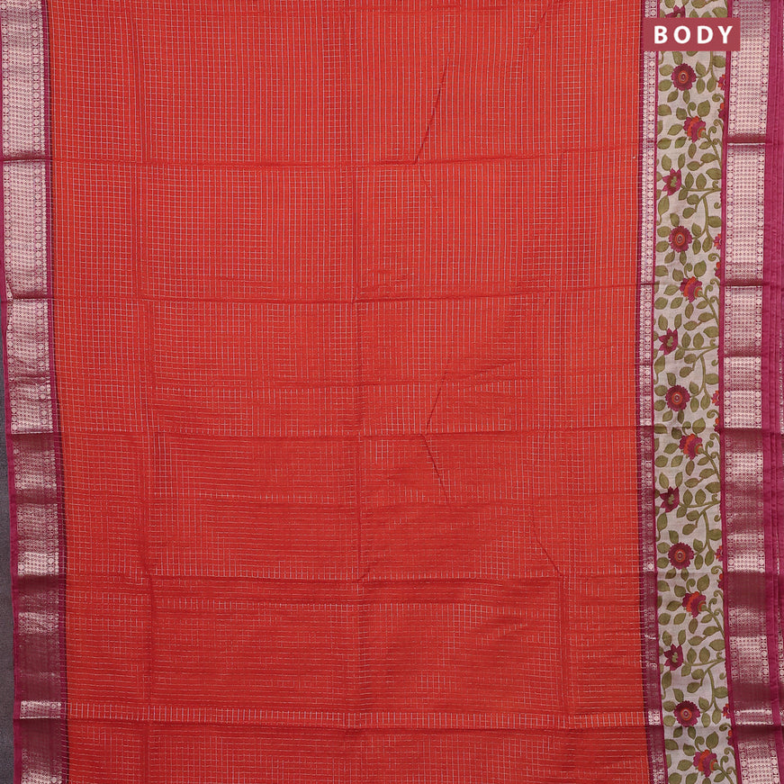 Assam silk saree orange and pink with allover zari checked pattern and rettapet zari woven kalamkari printed border