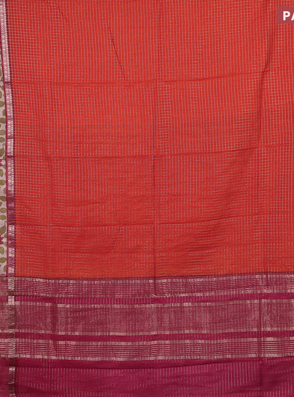 Assam silk saree orange and pink with allover zari checked pattern and rettapet zari woven kalamkari printed border