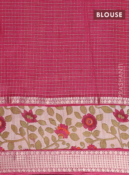 Assam silk saree orange and pink with allover zari checked pattern and rettapet zari woven kalamkari printed border