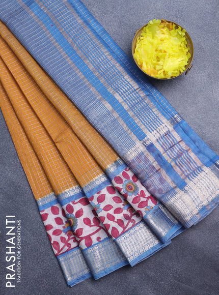 Assam silk saree mustard yellow and blue with allover zari checked pattern and rettapet zari woven kalamkari printed border