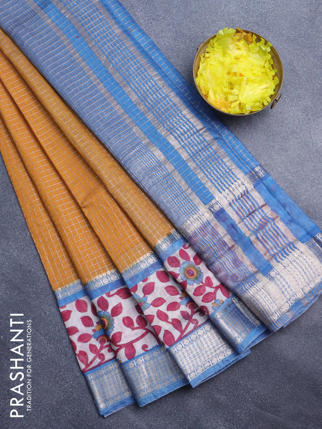 Assam silk saree mustard yellow and blue with allover zari checked pattern and rettapet zari woven kalamkari printed border