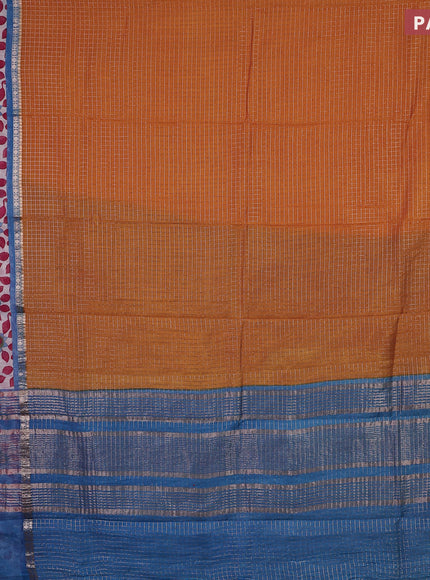 Assam silk saree mustard yellow and blue with allover zari checked pattern and rettapet zari woven kalamkari printed border