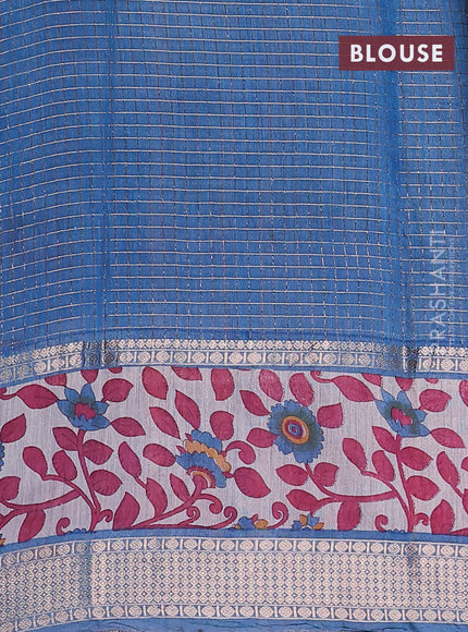 Assam silk saree mustard yellow and blue with allover zari checked pattern and rettapet zari woven kalamkari printed border