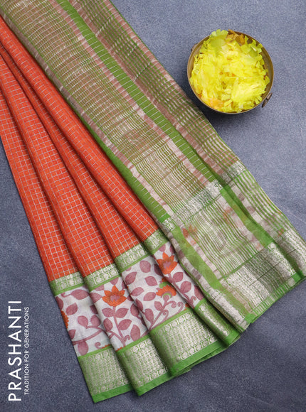 Assam silk saree orange and green with allover zari checked pattern and rettapet zari woven kalamkari printed border