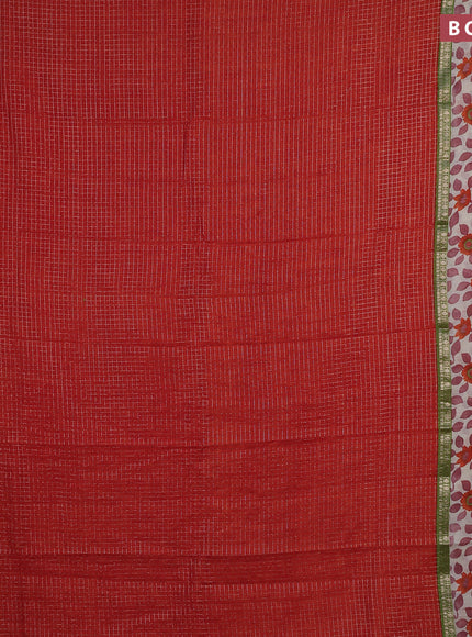 Assam silk saree orange and green with allover zari checked pattern and rettapet zari woven kalamkari printed border