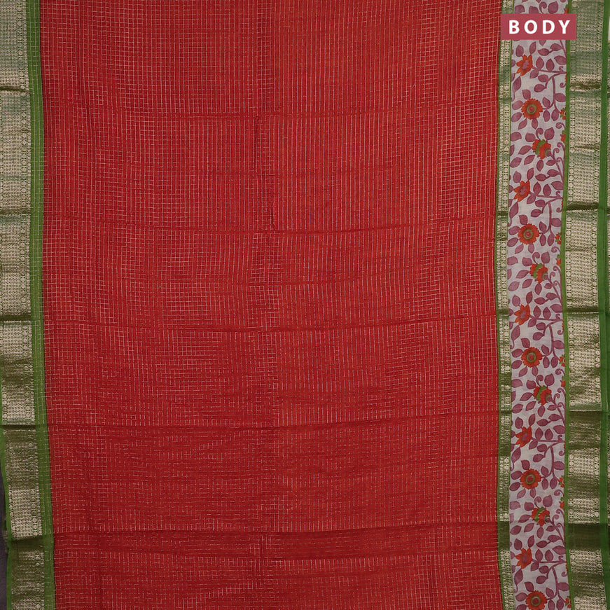 Assam silk saree orange and green with allover zari checked pattern and rettapet zari woven kalamkari printed border