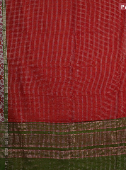 Assam silk saree orange and green with allover zari checked pattern and rettapet zari woven kalamkari printed border