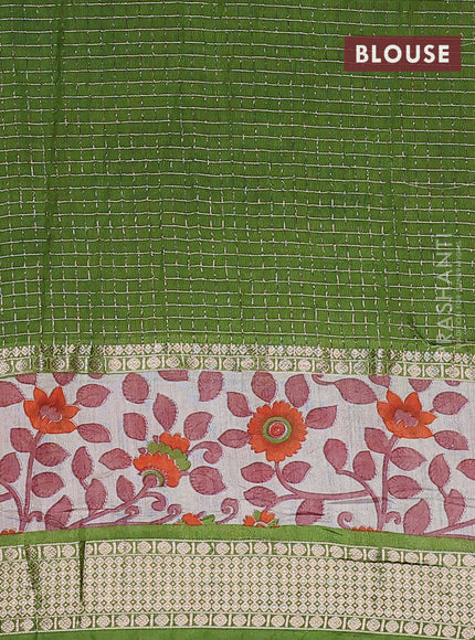 Assam silk saree orange and green with allover zari checked pattern and rettapet zari woven kalamkari printed border