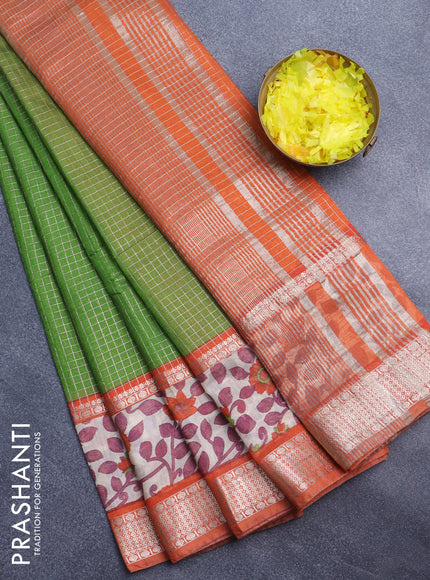 Assam silk saree green and orange with allover zari checked pattern and rettapet zari woven kalamkari printed border