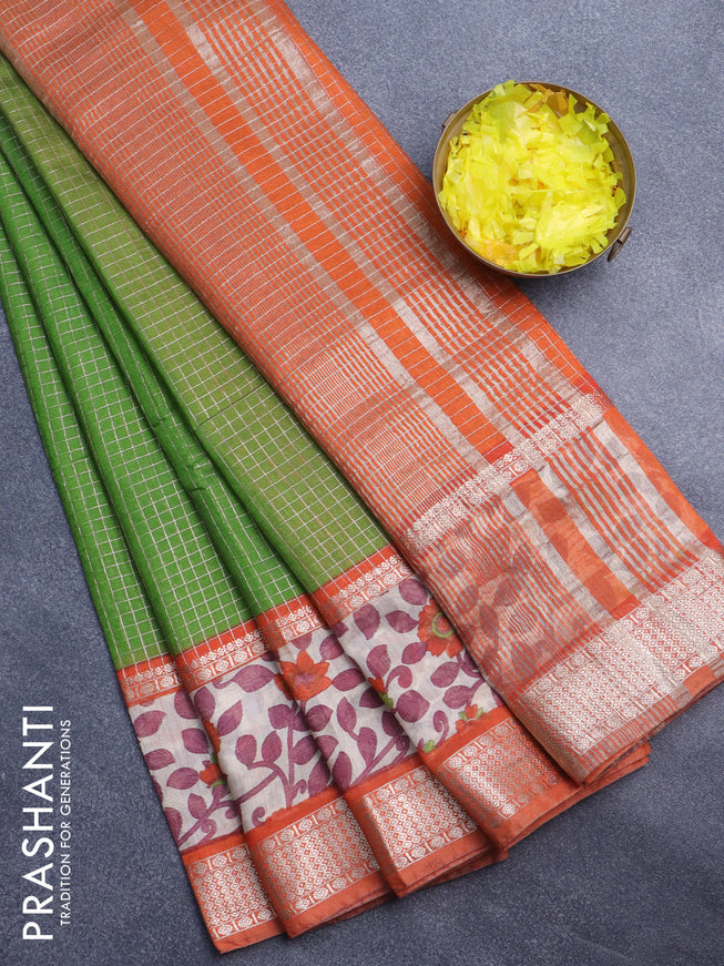 Assam silk saree green and orange with allover zari checked pattern and rettapet zari woven kalamkari printed border