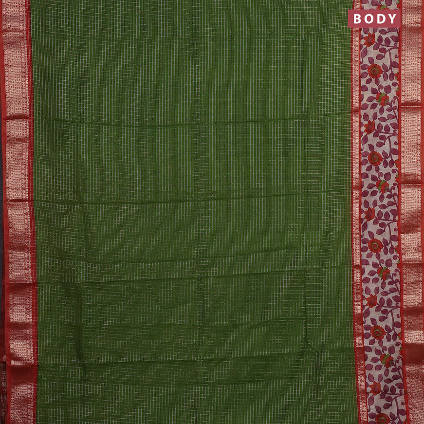 Assam silk saree green and orange with allover zari checked pattern and rettapet zari woven kalamkari printed border