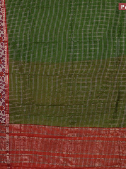 Assam silk saree green and orange with allover zari checked pattern and rettapet zari woven kalamkari printed border