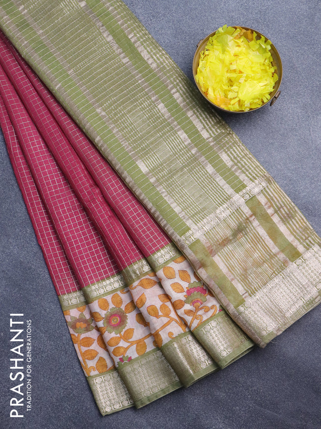 Assam silk saree pink and green shade with allover zari checked pattern and rettapet zari woven kalamkari printed border