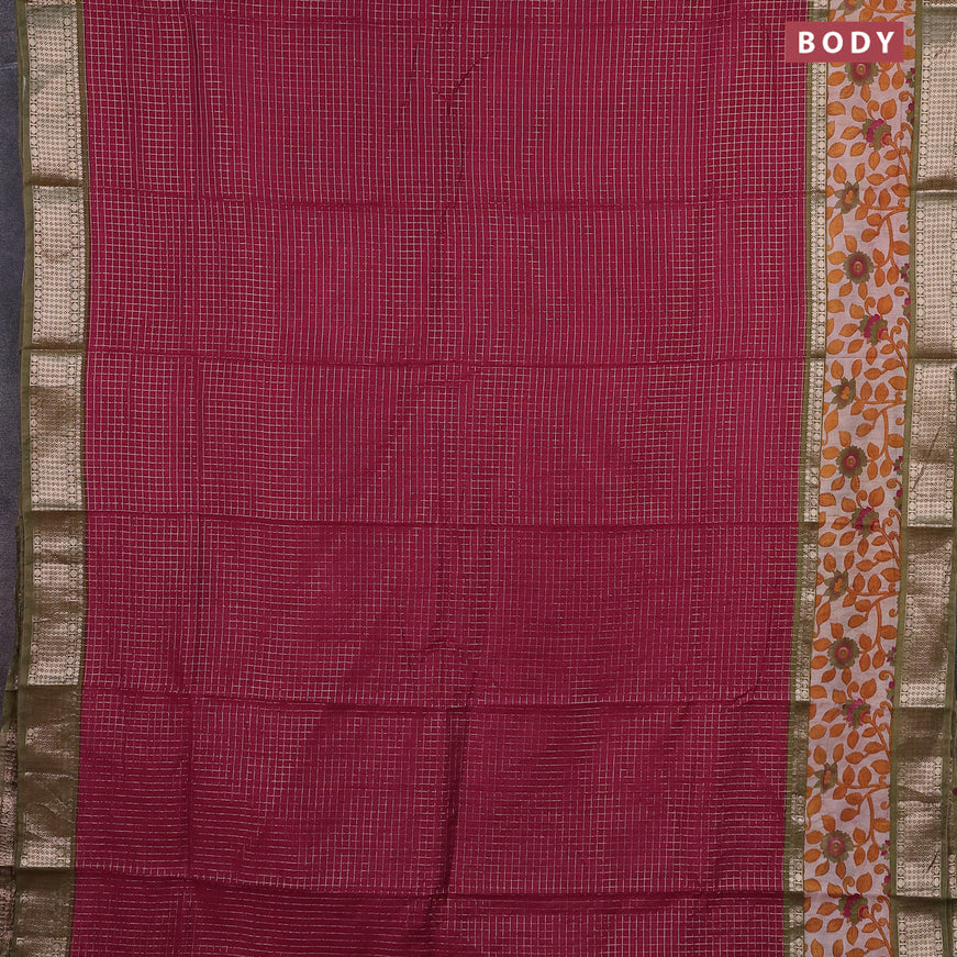 Assam silk saree pink and green shade with allover zari checked pattern and rettapet zari woven kalamkari printed border