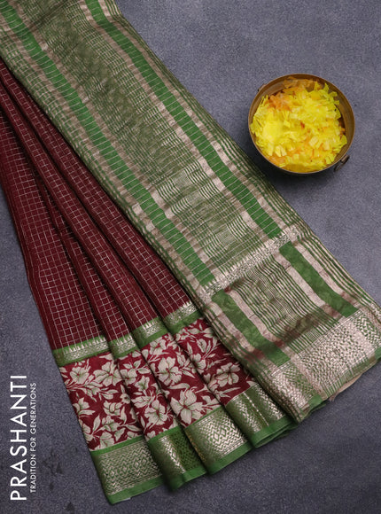 Assam silk saree deep maroon and green with allover zari checked pattern and rettapet zari woven floral printed border