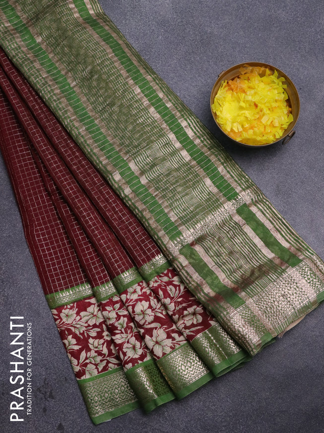 Assam silk saree deep maroon and green with allover zari checked pattern and rettapet zari woven floral printed border