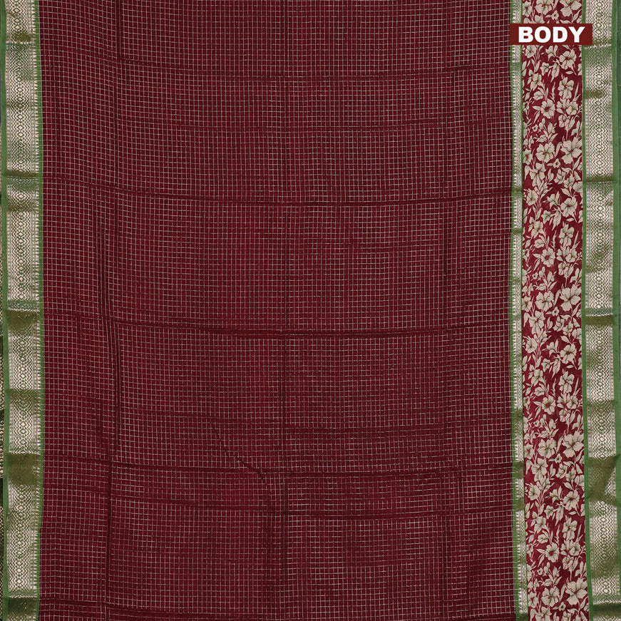 Assam silk saree deep maroon and green with allover zari checked pattern and rettapet zari woven floral printed border