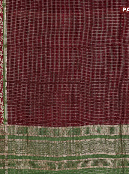 Assam silk saree deep maroon and green with allover zari checked pattern and rettapet zari woven floral printed border